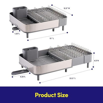 Dish Drying Rack Countertop Expandable Dish Drainer — Up to 20.5" Telescoping Premium Extending Drying Station Organizer with Drainboard, Removable Utensil Holder — Dish, Silverware & Cup Storage Gray