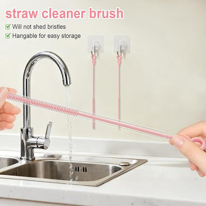 Silicone Straw Cleaner Brush, 4Pcs Reusable Straw Brush Set with Extra-Long Design for Cleaning Thin Metal Straws and Wider Milkshake Straws （6mm+9mm Pink)
