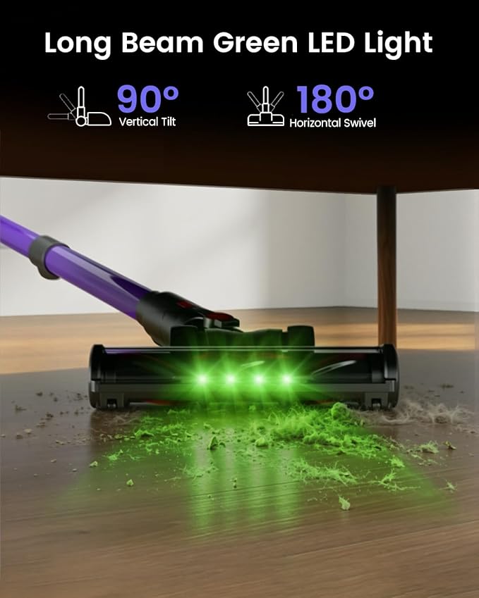 Cordless Stick Vacuum Cleaner, 650W 55KPA Up to 70Min Runtime, Green Light Anti-Tangle Brush, 7-Stage HEPA Filtration, Lightweight for Pet Hair Carpet Hard Floors (Purple)