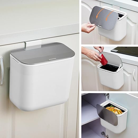 1.8 Gallon Kitchen Compost Bin for Counter Top or Under Sink, Hanging Small Trash Can with Lid for Cupboard/Bathroom/Bedroom/Office/Camping, Mountable Indoor Compost Bucket - White