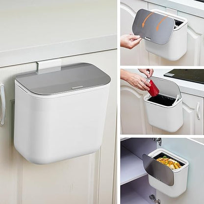 1.8 Gallon Kitchen Compost Bin for Counter Top or Under Sink, Hanging Small Trash Can with Lid for Cupboard/Bathroom/Bedroom/Office/Camping, Mountable Indoor Compost Bucket - White