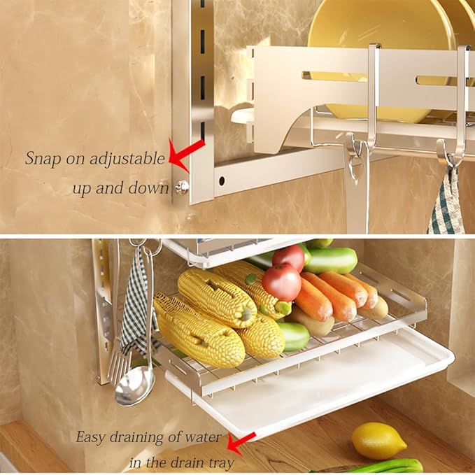 Dish Rack Wall Mounted,Hanging Dish Drying Rack,3 Tier Stainless Steel Dish Rack,Adjustable Length Drain Rack.with Drain Tray,Hooks（Silvery）
