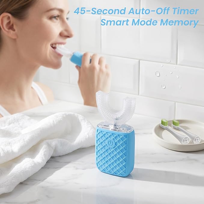 Sonic Electric U Shaped Toothbrush for Adults, Automatic Full Mouth Cleaning Toothbrush, 360° Stain Removal, IPX7 Waterproof Rechargeable, 3 U-Shape & 2 Straight Brush Heads (Blue)