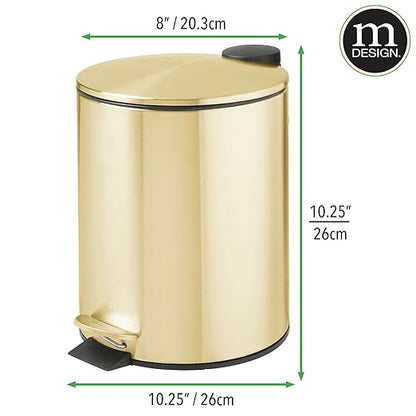 mDesign Metal 1.3 Gallon/5 Liter Round Step Trash Wastebasket, Garbage Container Bin with Lid for Bathroom, Powder Room, Bedroom, Kitchen, Craft Room, Office - Removable Liner Bucket - Soft Brass