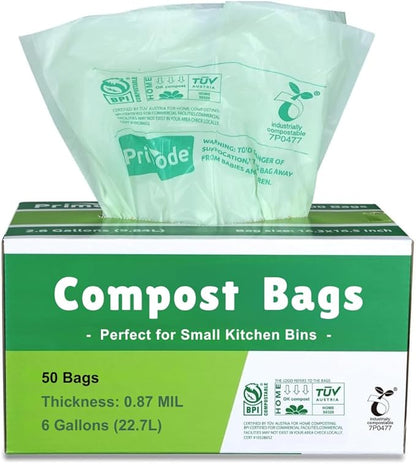 Compostable Bags 6 Gallon Food Scraps Yard Waste Bags, 50 Count, Extra Thick 0.87 Mil. ASTMD6400 Compost Bags Small Kitchen Trash Bags, Certified By BPI And TÜV AUSTRIA