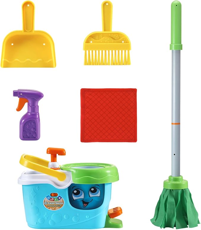 LeapFrog Clean Sweep Learning Caddy, Kids Mop and Broom Cleaning Toy Set for Ages 3-5, Blue
