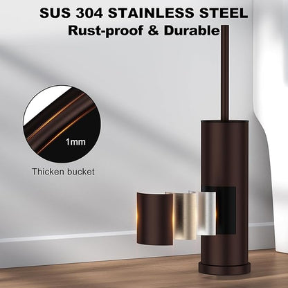 Bronze Toilet Brush and Holder Set，Stainless Steel Heavy Duty Toilet Bowl Brush，Extra Long Handled Modern Toilet Cleaner Brush with Replaceable Head, Removable Inner Bowl, and Splash Protection