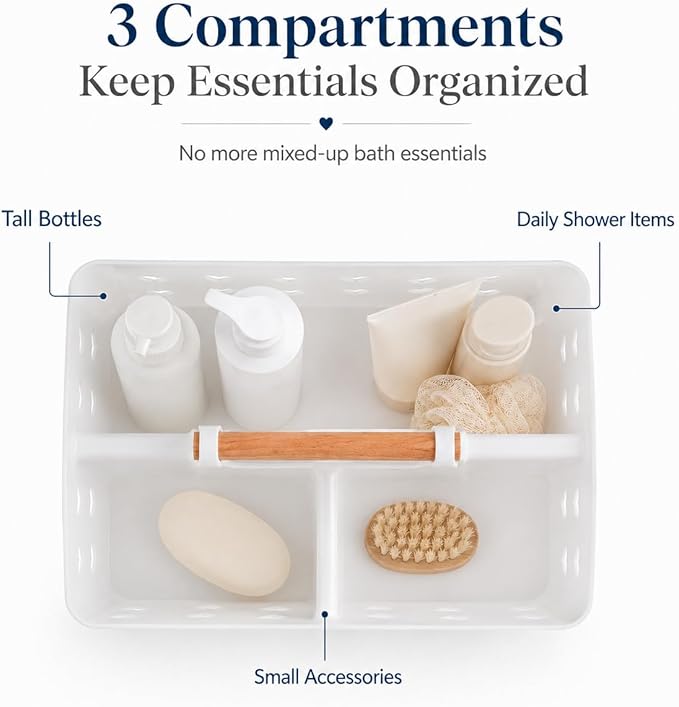 White Portable Shower Caddy Basket with Handle, 3-Compartment Plastic Shower Tote with Drain Holes, Cute Bathroom Organizer for College Dorm, Shared Bathroom, Gym, Travel, Skincare & Cleaning Supplies
