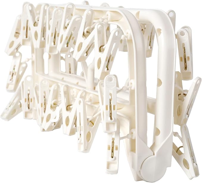 Foshine Foldable Clothes Drying Rack with 32 Drying Clips Wind-Proof Hook Underwear Hanger Plastic Laundry Clip for Socks Bras (White)