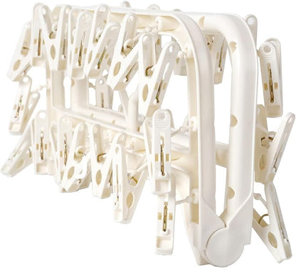 Foshine Foldable Clothes Drying Rack with 32 Drying Clips Wind-Proof Hook Underwear Hanger Plastic Laundry Clip for Socks Bras (White)