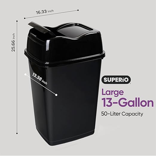 Garbage Cans with Swing Top-Split Lids, 2 Pack | Large Kitchen Trash Cans with Lids | Durable Plastic |Slim & Sturdy Trash Bins | Fingerprint Resistant | 13 Gal / 50 qt / 50 L - Black | Superio