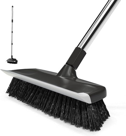 ITTAR Floor Scrub Brush with 55" Long Handle, 10" Wide Stiff Bristles Deck Brush, Stainsless Steel Pole Heavy-Duty Cleaning Brush, 2-in-1 Scrubber with Ruber Squeegee for Deck, Patio, Pool, Tile, Wall