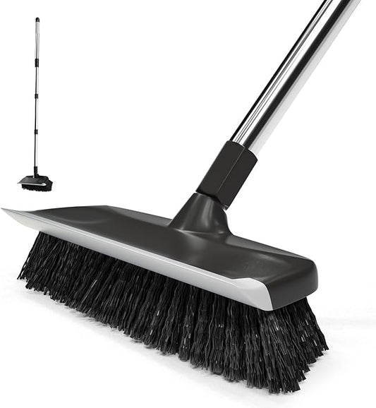 ITTAR Floor Scrub Brush with 55" Long Handle, 10" Wide Stiff Bristles Deck Brush, Stainsless Steel Pole Heavy-Duty Cleaning Brush, 2-in-1 Scrubber with Ruber Squeegee for Deck, Patio, Pool, Tile, Wall