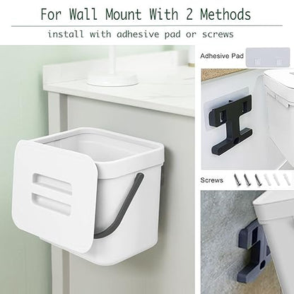 LALASTAR Trash Can with Lid, Wall-Mounted Under Sink Small Garbage Can for Kitchen, Bathroom, Hanging Plastic Trash Can, 1.8 Gallon, White