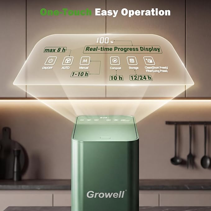 Growell Electric Composter for Kitchen, 3.2L Smart Odorless Compost Bin, Low Noise & Odorless, Indoor Countertop Food Waste Composter with LED Display, One-Touch Operation, Auto-Cleaning, EC04 (Green)