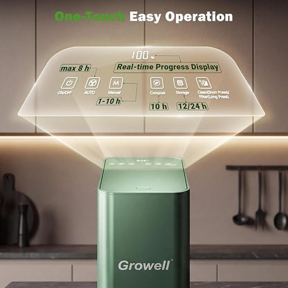 Growell Electric Composter for Kitchen, 3.2L Smart Odorless Compost Bin, Low Noise & Odorless, Indoor Countertop Food Waste Composter with LED Display, One-Touch Operation, Auto-Cleaning, EC04 (Green)