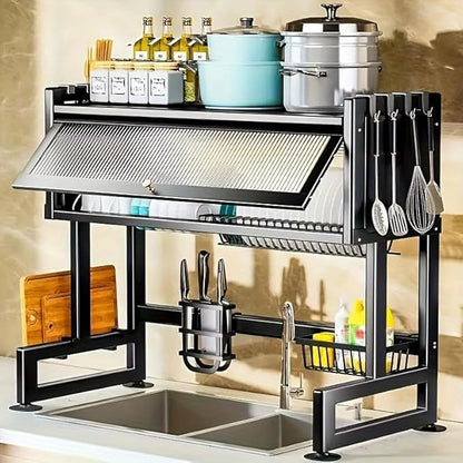 Over The Sink Dish Drying Rack, Over Sink Dish Drain Drying Rack for Kitchen Storage of Dishes and Cutlery, Space Saving Dish Rack with Cover, (Black, 33.5 inch)