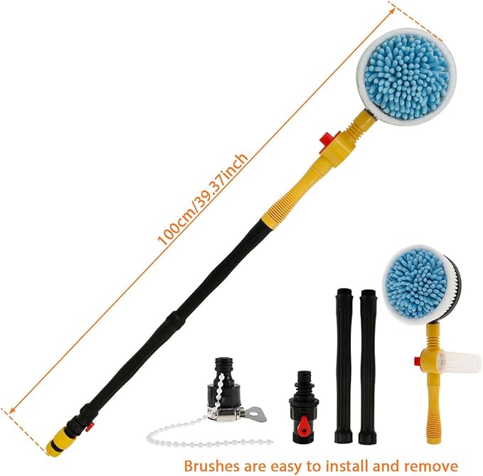 Auto Rotating Car Wash Brush Multifunctional Car Foam Cleaning Kit with 360° Spin Head Portable Chenille Car Scrub Brush High Pressure Cleaning Tool Long Handle for Home Car(Waterless Pipe)