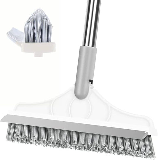 2 in 1 Cleaning Scrub Brush Grout Brush Scrape Floor Scrub Brush with Long Handle V-Shape Stiff Bristle Brush Scrubber with Squeegee 120°Rotating Shower Scruber for Cleaning Bathroom Glass Wall