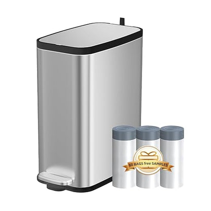 KdbK Stainless Steel Bathroom Trash Can with Lid Soft Close,1.6 Gallon Slim Garbage can,Small Metal Step Wastebasket for Office, Bedroom, Toilet, Live Room