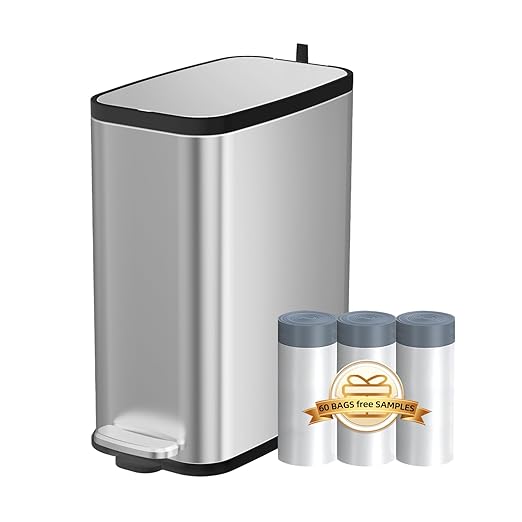 KdbK Stainless Steel Bathroom Trash Can with Lid Soft Close,1.6 Gallon Slim Garbage can,Small Metal Step Wastebasket for Office, Bedroom, Toilet, Live Room