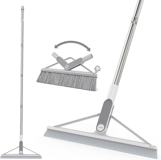 KOLLIEE 2 in 1 Floor Squeegee Broom Set Window Long Handle Rubber Squeegee Brush Mop Kit with Adjustable Handle 120° Rotating Angle Head for Wet Room Hard Floor Outdoor