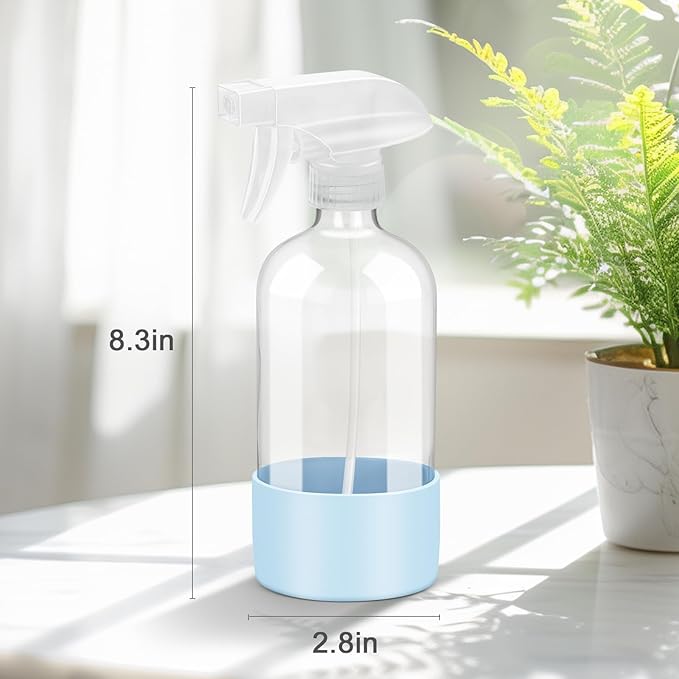Worldgsb 2 Pack Glass Spray Bottles with Silicone Sleeve, 16 oz Empty Refillable Containers with Adjustable Spray Nozzles, Spray Bottles for Hair, Cleaning Solutions and Plants Blue