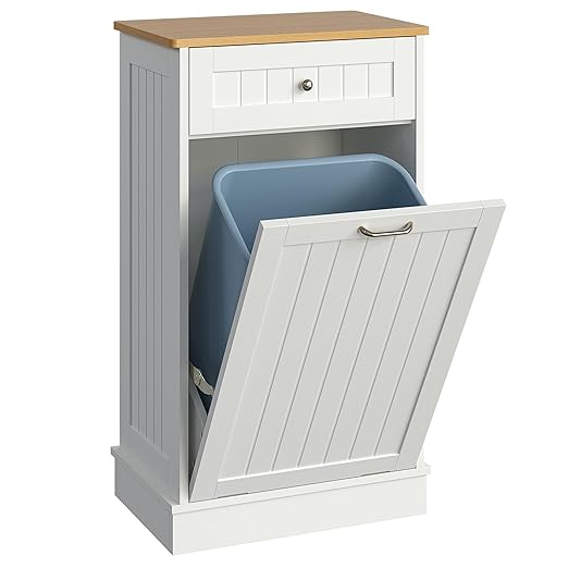 LOUVIXA Tilt Out Trash Can Cabinet, Hidden Trash Cabinet with Drawer, Wooden Dog Proof Trash Can Holder, Tilt Out Laundry Hamper, Garbage Can Holder (White)