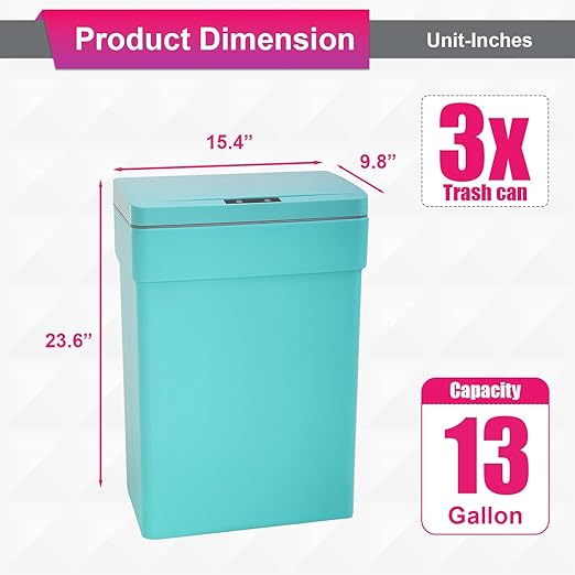 PayLessHere 13 Gallon 50 L Trash Can with Lid Plastic Kitchen Trash Bin Automatic Touch Free Motion Sensor Trash Can (3, Blue)