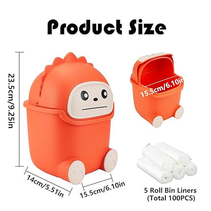 Mini Trash Can with Flip Lid, Cute Monster Desk Trash Garbage Can with 100 Trash Bags, Tiny Wastebasket Trash Can for Car, Home, Office, Kitchen, Tabletop, Bedroom, Bathroom (Orange)