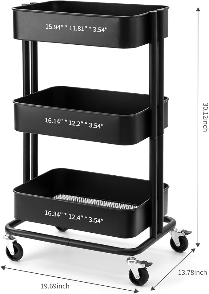 3 Tier Rolling Cart Metal Heavy Duty Utility Cart with Silent Caster Lockable Wheels Multi-Functional Organization Carts Storage Trolley with Mesh Shelves for Office Kitchen Living Room Black