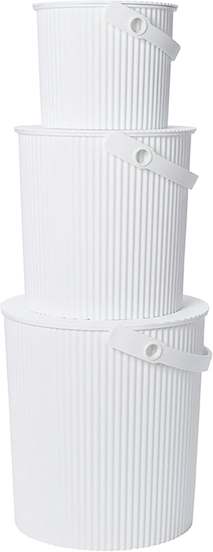 Hachiman Bucket Set of 3 - Includes Mini, Large, and Extra Large Heavy Duty Buckets with Lid and Handle - Hands-Free Filling - Easy to Stack and Store - Indoor Outdoor Use - White