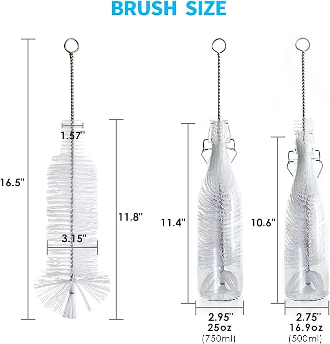 Bottle Brush - Ideal for Cleaning Narrow Neck Swing Top Glass, Brewing, Wine, Beer, Soda, Spray, Kombucha Bottles (White+2PCS)