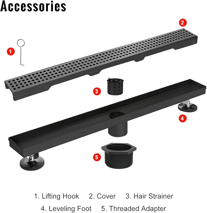 SaniteModar Linear Shower Drain, Matte Black Shower Drain 24 inch with Removable Grate,Brushed 304 Stainless Steel Shower Drain Include Hair Strainer,Adjustable Leveling Feet
