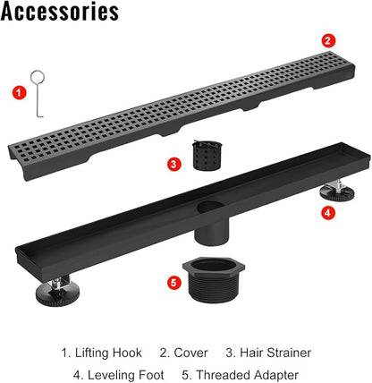 SaniteModar Linear Shower Drain, Matte Black Shower Drain 60 inch with Removable Grate,Brushed 304 Stainless Steel Shower Drain Include Hair Strainer,Adjustable Leveling Feet