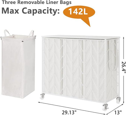 WOWLIVE Laundry Basket with Wheels, 142L Laundry Hamper 3 Section with Lid, Dirty Clothes Hamper with Removable Bags, Large Capacity Iron-Made Laundry Basket Organizer Laundry Sorter for Dorm, White