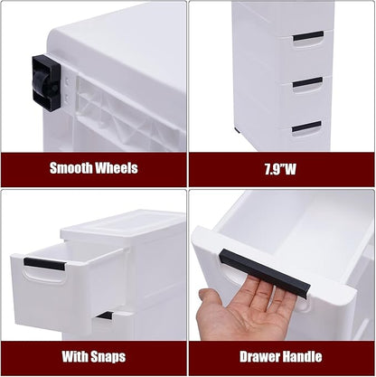 6 Drawers Narrow Slim Plastic Storage Cabinet,Storage Drawer with Wheels,6 Tier Drawers Dresser,Rolling Narrow Cabinet for Small Spaces Bathroom Kitchen Living Room,White