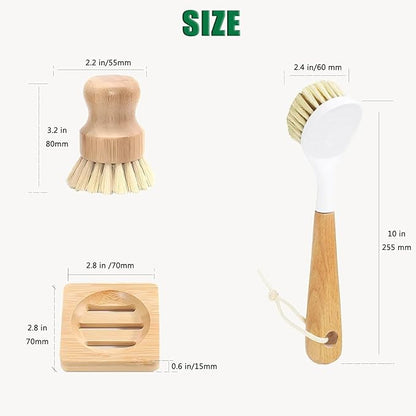 Natural Bristle Dish Brush Set, 1 Wooden Dish Brush and 1 Bamboo Dish Brush with 1 Bamboo Drainer Tray, All Circle Kitchen Scrub Brush for Dishes