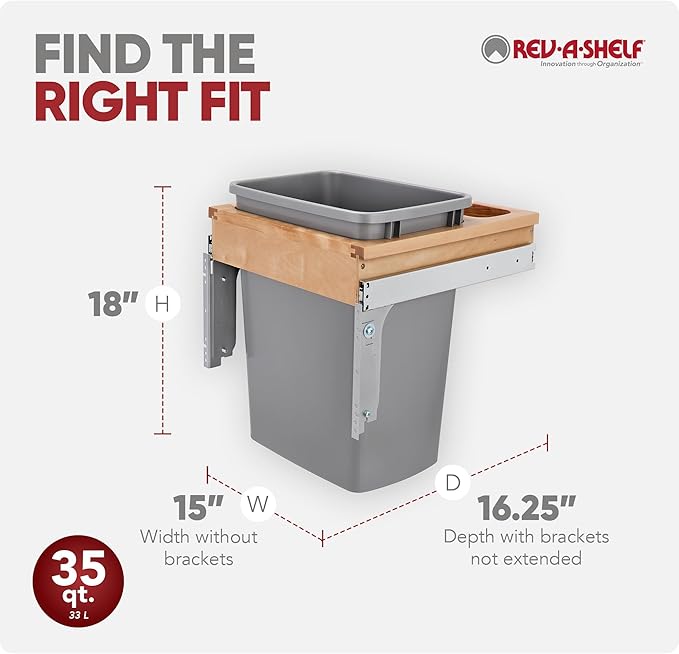 Rev-A-Shelf Top Mount Single Pullout Under Cabinet 35 Quart Kitchen Trash Can w/Storage & Reduced Depth, 150 Pound Rated Full-Extension Slides, 4WCTM-1816DM-1