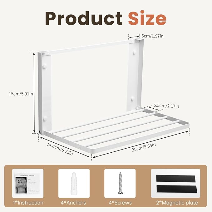 Foldable Wall Mounted Clothes Drying Rack,Space-Saving Laundry Drying Rack, Magnetic & Punch-Free Retractable Hanging Rack with 4 Drying Bars, Heavy-Duty Fold Down (White)