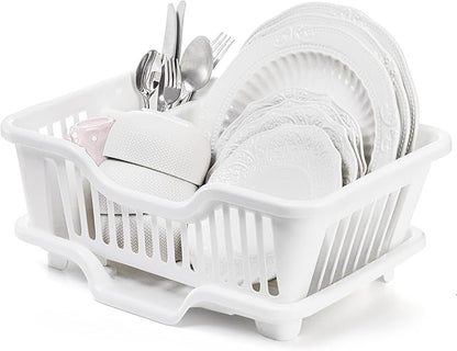 Noamus 2-Piece Plastic Dish Drying Rack, Heavy Duty Sink Set Dish Rack, White Large Drainer with Attached Drainboard Utensil Cup Holders for Home Kitchen Counter Top Organizers