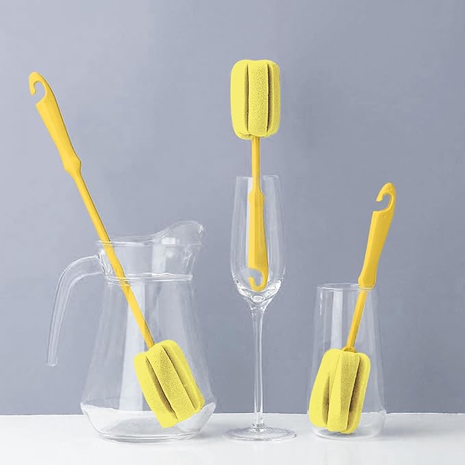 4PCS Yellow Soft Sponge Bottle Cleaning Brush Plastic Handle Cup Brush Scrubber Washing Brush vase Bottle Pot Cleaner（2 Size 10”15”）