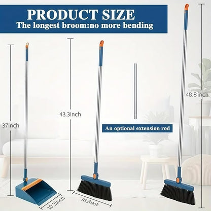 Broom and Dustpan Set, Long Handle Standing Broom with Self-Cleaning Comb Teeth, Heavy Duty Broom Dustpan Combo for Home Kitchen Office Floor Pet Hair Cleaning (Pink)