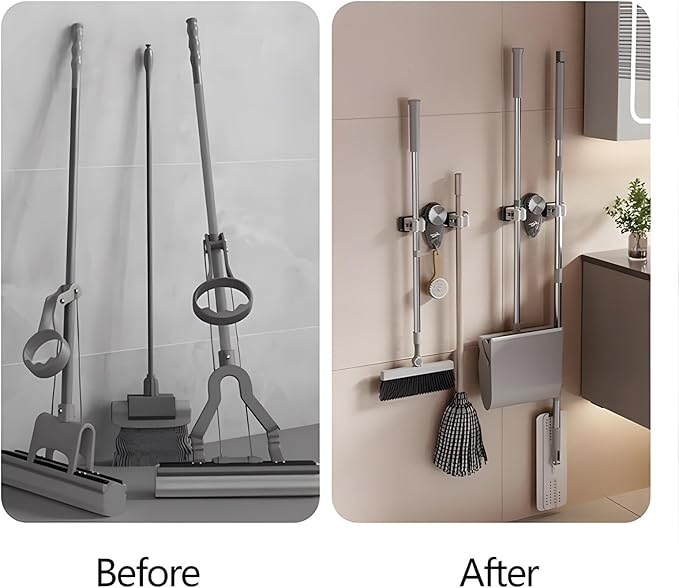 Atlodas Broom Holder Mop Hanger, No punching required Broom Hanger Organizer for Bathroom, Kitchen, Office，Utility Room，Laundry Room,Home Garden, Garage Storage and Organization Rack (white)