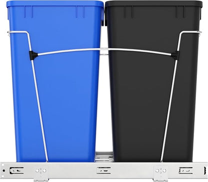 Rev-A-Shelf Double 27 Qt Pullout Trash Can for Base Kitchen Cabinets, Garbage Waste & Recycling Bin System with Full Extension Slides, Min Opening Width of 11.5", Blue/Black, RV-15KD-2218C-S