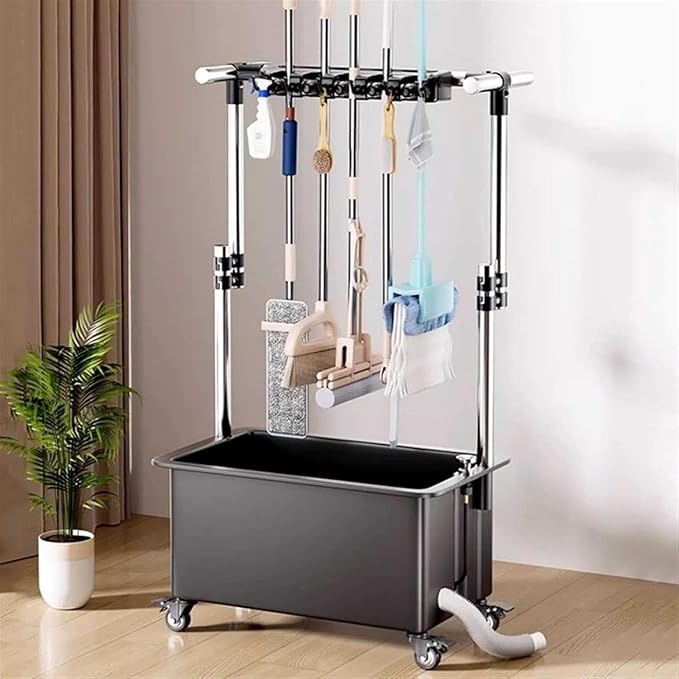 Freestanding Floor Mop Sink with 26cm Deep Basin, 93-124cm Adjustable Height Broom Mop Holder Organizer Movable Mop Sink with Wheels for Laundry Backyard Garage