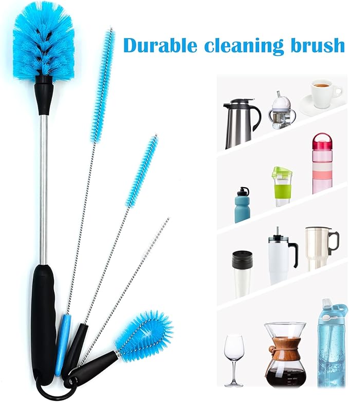 5-in-1 Tumbler Brush Cleaner Set, Cleaning Brush Washing Straw Tube lab Cleaning with Long Handle, for Water Bottle Brush Washing Coffee Mug Kettle Decanter Pipes lids Sinks Cap Covers