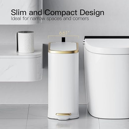 CEROELDA Small Bathroom Trash Can with Lid Soft Close-10L/2.6 Gal Slim Garbage Can-Metal Step Wastebasket-Rectangle Narrow Waste Bin for Office, Bedroom, Toilet, Live Room (White)