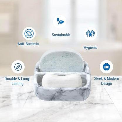 MyGift 5.4 Inch Deluxe Modern White Marble Pattern Resin Double Sponge Holder, Kitchen Sink Countertop Dish Cleaning Sponges or Scrubbing Pads Bowl with 2 Compartments