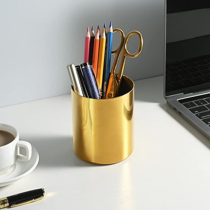 2 Packs Gold Round Stainless Steel Pen Holder,Pencil Cup Desktop Stationery Organizer,Vacuum Plating Makeup Brush Holder
